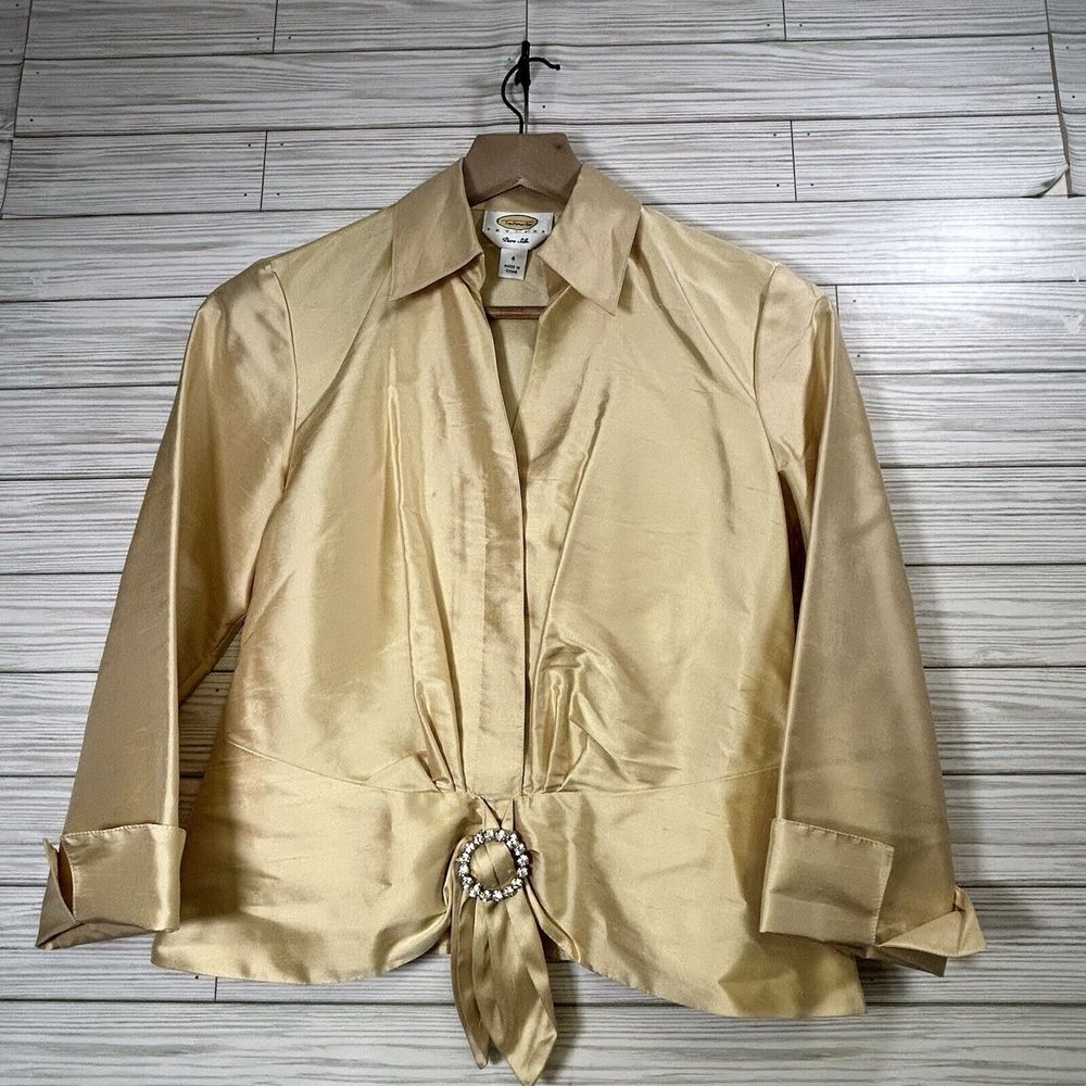 Talbot's Women's Gold Champagne Shantung Silk Blouse Tie Front Sz 4 Side Zip - Picture 2 of 10